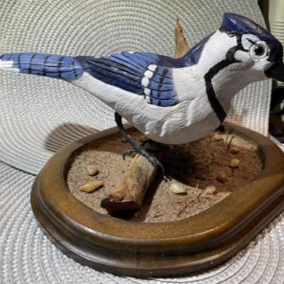 Hand Carved & Hand Painted Signed by Artist BLUEJAY Wooden Bird on Driftwood with Custom Made Base Bird & Base are 9.5" Long...