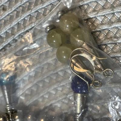 Native American 22" Beaded Silver-toned Necklace & Earrings w/Dangling Mixed Stone Amulets as Pictured.