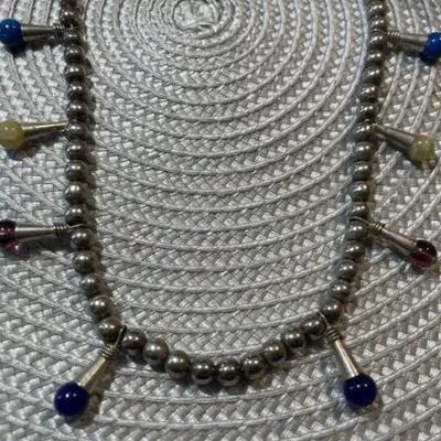 Native American 22" Beaded Silver-toned Necklace & Earrings w/Dangling Mixed Stone Amulets as Pictured.