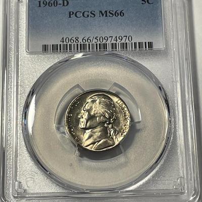 PCGS CERTIFIED 1960-D MS66 GRADED JEFFERSON NICKEL AS PICTURED. FREE DOMESTIC SHIPPING.