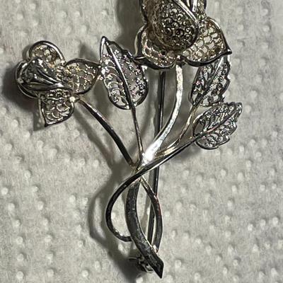 VINTAGE STERLING SILVER FILIGREE PIN/BROOCH 2.25" TALL MADE IN GERMANY IN VG PREOWNED CONDITION AS PICTURED.