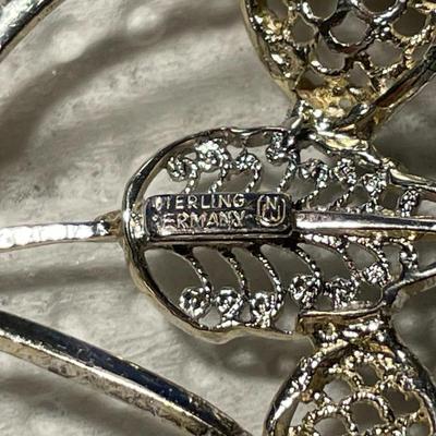 VINTAGE STERLING SILVER FILIGREE PIN/BROOCH 2.25" TALL MADE IN GERMANY IN VG PREOWNED CONDITION AS PICTURED.