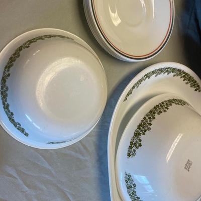 Corelle serving items, weavewood bowls and stable cookie jar