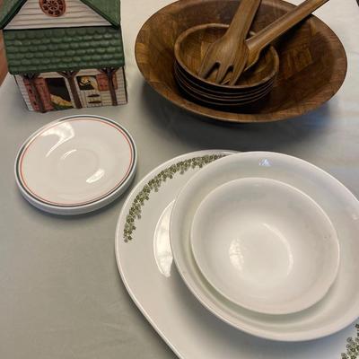 Corelle serving items, weavewood bowls and stable cookie jar