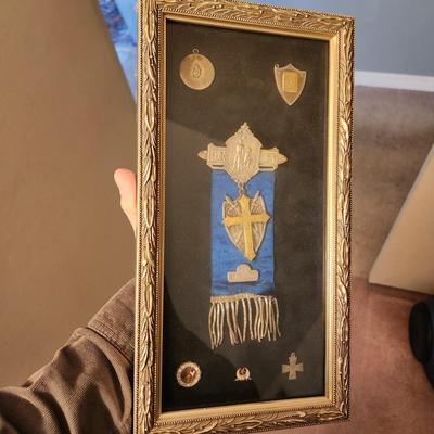 Framed Medal Badge Collection Masonic Shriner , 1886 Maltese Cross Civil War Veteran Pin , 1800's Catholic Knights of America Badge...