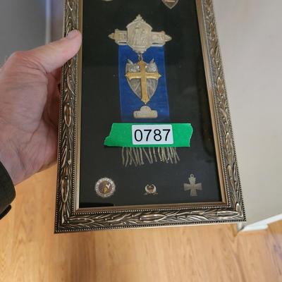 Framed Medal Badge Collection Masonic Shriner , 1886 Maltese Cross Civil War Veteran Pin , 1800's Catholic Knights of America Badge...