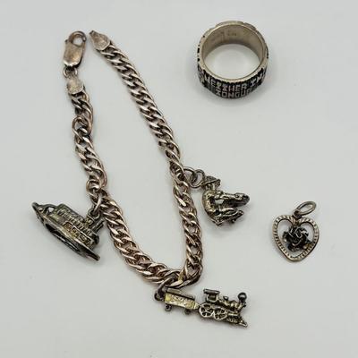 Lot 512J: Sterling Silver Charm Bracelet, Band Ring w/Saying Marked SS, Small Heart & Rose Pendant Marked 830