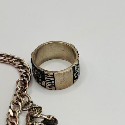 Lot 512J: Sterling Silver Charm Bracelet, Band Ring w/Saying Marked SS, Small Heart & Rose Pendant Marked 830