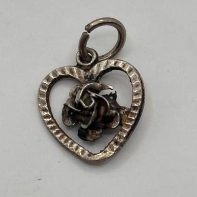 Lot 512J: Sterling Silver Charm Bracelet, Band Ring w/Saying Marked SS, Small Heart & Rose Pendant Marked 830