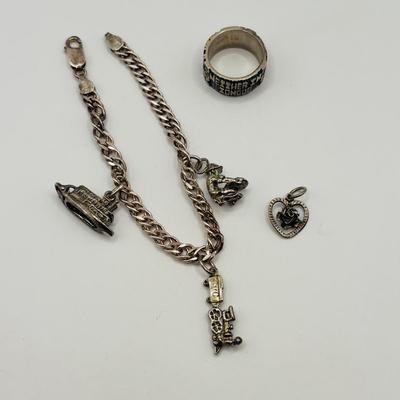Lot 512J: Sterling Silver Charm Bracelet, Band Ring w/Saying Marked SS, Small Heart & Rose Pendant Marked 830