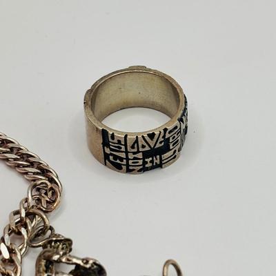 Lot 512J: Sterling Silver Charm Bracelet, Band Ring w/Saying Marked SS, Small Heart & Rose Pendant Marked 830