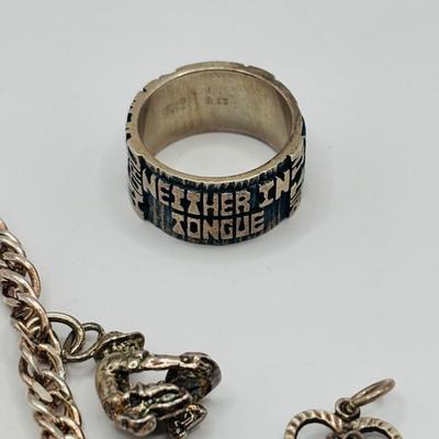 Lot 512J: Sterling Silver Charm Bracelet, Band Ring w/Saying Marked SS, Small Heart & Rose Pendant Marked 830