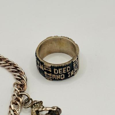 Lot 512J: Sterling Silver Charm Bracelet, Band Ring w/Saying Marked SS, Small Heart & Rose Pendant Marked 830