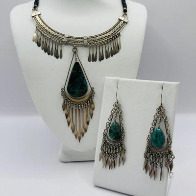 Lot 510J: Silvertone Teardrop Polished Stone Necklace w/Earrings, & Silvertone Necklace w/Bracelet & More