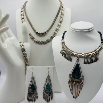 Lot 510J: Silvertone Teardrop Polished Stone Necklace w/Earrings, & Silvertone Necklace w/Bracelet & More