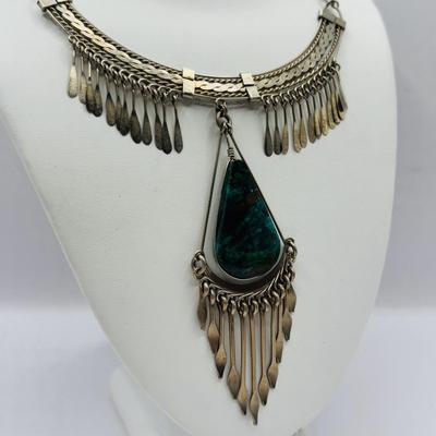 Lot 510J: Silvertone Teardrop Polished Stone Necklace w/Earrings, & Silvertone Necklace w/Bracelet & More