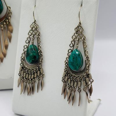 Lot 510J: Silvertone Teardrop Polished Stone Necklace w/Earrings, & Silvertone Necklace w/Bracelet & More