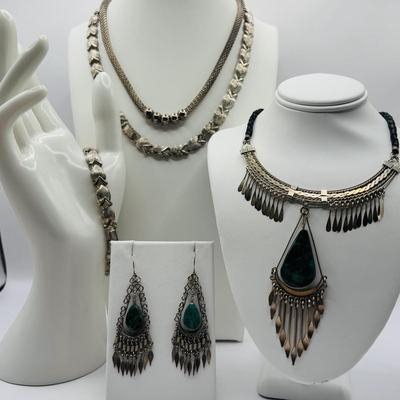 Lot 510J: Silvertone Teardrop Polished Stone Necklace w/Earrings, & Silvertone Necklace w/Bracelet & More
