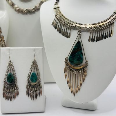 Lot 510J: Silvertone Teardrop Polished Stone Necklace w/Earrings, & Silvertone Necklace w/Bracelet & More