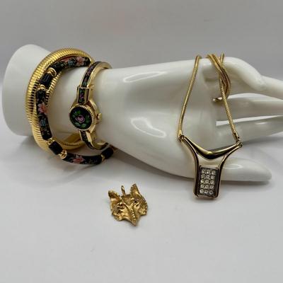 Lot 507J: Gold-Tone Fashion Jewelry: Swiss Made Majestime Bracelet Watch, Fox Pendant, Omega Bracelet