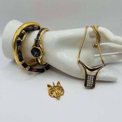 Lot 507J: Gold-Tone Fashion Jewelry: Swiss Made Majestime Bracelet Watch, Fox Pendant, Omega Bracelet