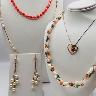 Lot 506J: 1/20th Gold Filled 14K Chain & Heart Pendant, Shell/Beaded Necklaces & Gold Fauz Pearl Earrings