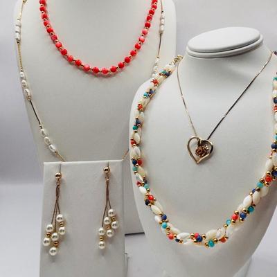 Lot 506J: 1/20th Gold Filled 14K Chain & Heart Pendant, Shell/Beaded Necklaces & Gold Fauz Pearl Earrings