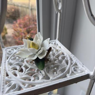 384 White Distressed Painted Metal Three Tier Stand with Porcelain Magnolia Flowers