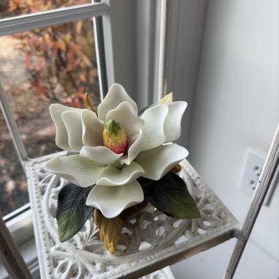 384 White Distressed Painted Metal Three Tier Stand with Porcelain Magnolia Flowers