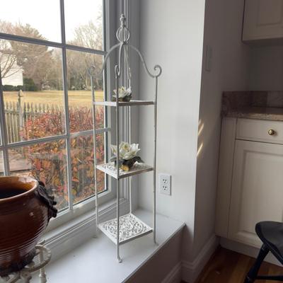 384 White Distressed Painted Metal Three Tier Stand with Porcelain Magnolia Flowers