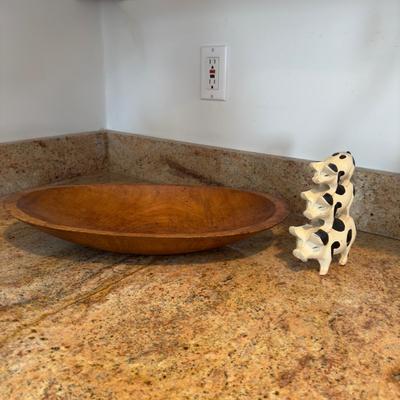 387 Antique Bread Bowl with Cast Iron Pig Door Stop