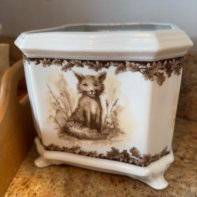 390 Set of Flatware with Tray and Quimper Tin Box and Fox Planter
