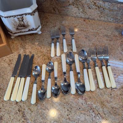 390 Set of Flatware with Tray and Quimper Tin Box and Fox Planter
