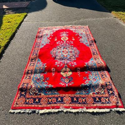 391 Vintage Red and Blue Wool Handknotted Oriental Rug 5'x 8'