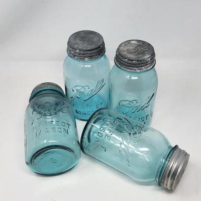 Four Vintage Ball Mason Jars Light Blue Metal Lids