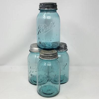 Four Vintage Ball Mason Jars Light Blue Metal Lids