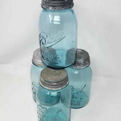 Four Vintage Ball Mason Jars Light Blue Metal Lids