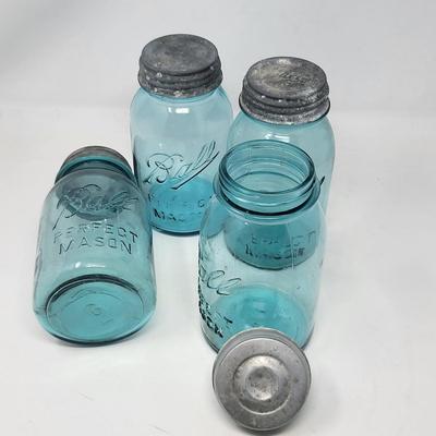 Four Vintage Ball Mason Jars Light Blue Metal Lids