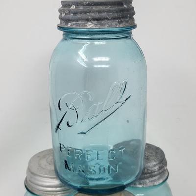Four Vintage Ball Mason Jars Light Blue Metal Lids