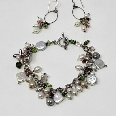925 Genuine Pearl & Gemstone Bracelet Earring Set