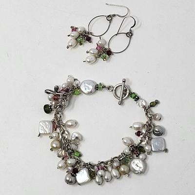 925 Genuine Pearl & Gemstone Bracelet Earring Set