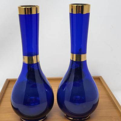 Cobalt Blue Glass & Hand Painted Vases
