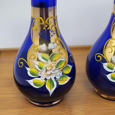 Cobalt Blue Glass & Hand Painted Vases