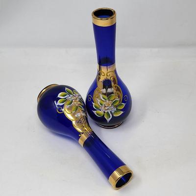 Cobalt Blue Glass & Hand Painted Vases
