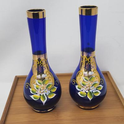 Cobalt Blue Glass & Hand Painted Vases