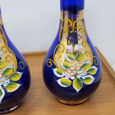 Cobalt Blue Glass & Hand Painted Vases