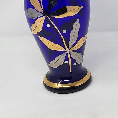 Vintage Bohemian Cobalt Crystal Hand Painted Gold Vase