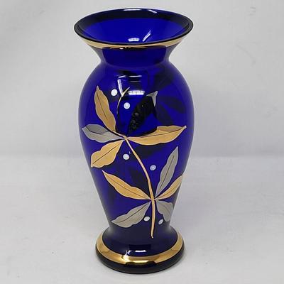 Vintage Bohemian Cobalt Crystal Hand Painted Gold Vase