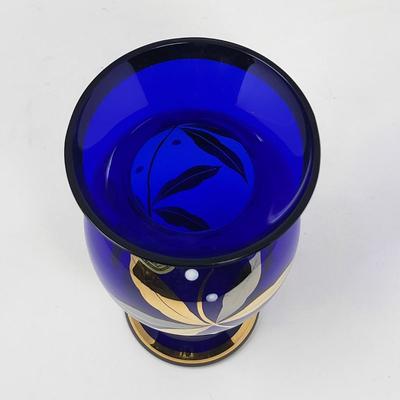 Vintage Bohemian Cobalt Crystal Hand Painted Gold Vase