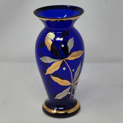 Vintage Bohemian Cobalt Crystal Hand Painted Gold Vase